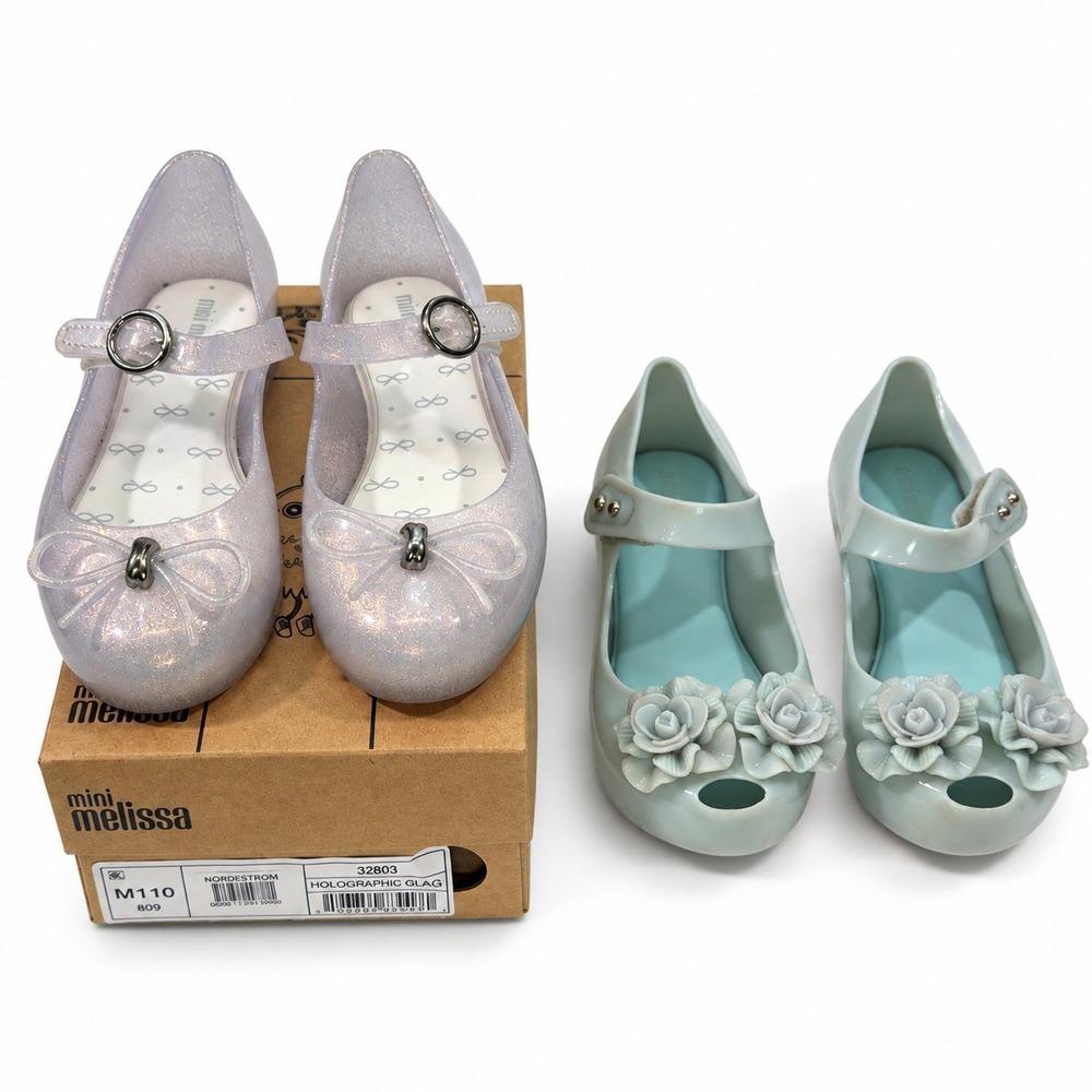 Mini Melissa Mary Jane Flats Bundle Girls 11 Silver Glitter Blue Floral 2 Pairs